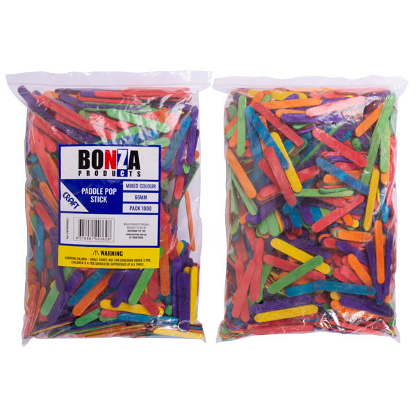 Bonza Small Paddle Pop Sticks 66mm coloured Pack of 1000