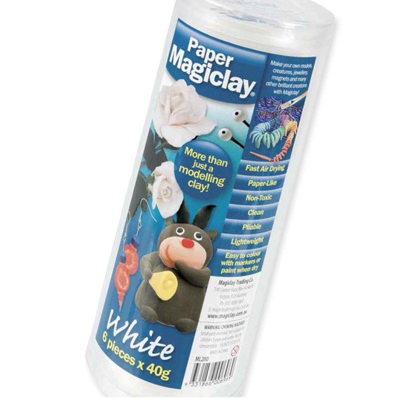 Paper Magiclay White 6 x 40g pack is easy to use and perfect for colouring with pigment paint, food dye or markers.